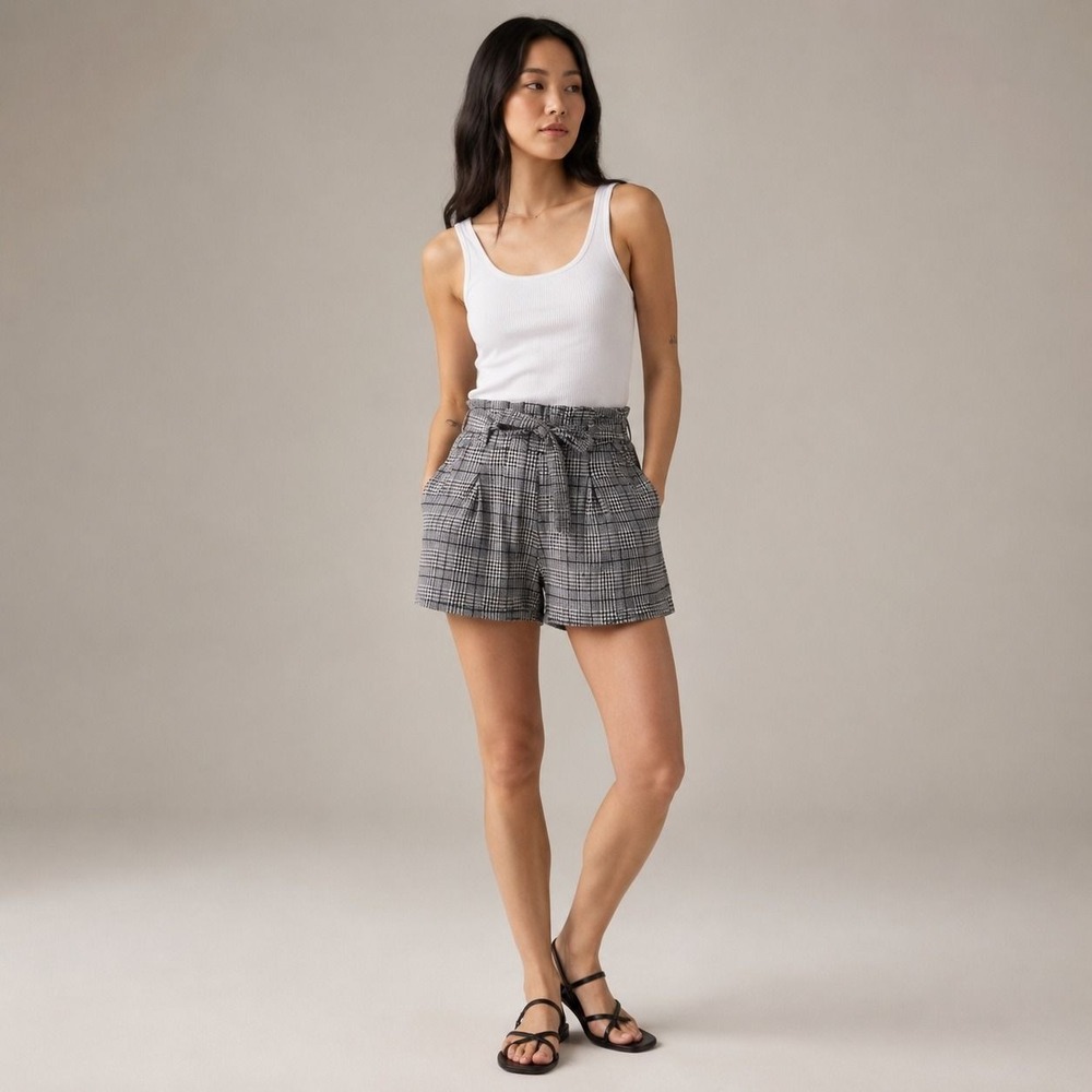 Womens Gray Plaid Paperbag Waist Tie Belt Shorts P3407 L/XL